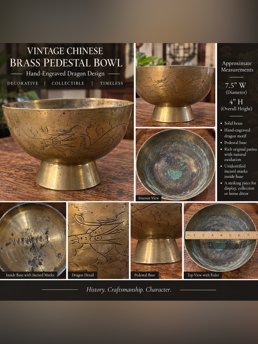 Vintage Chinese Brass Dragon Pedestal Bowl - Brass